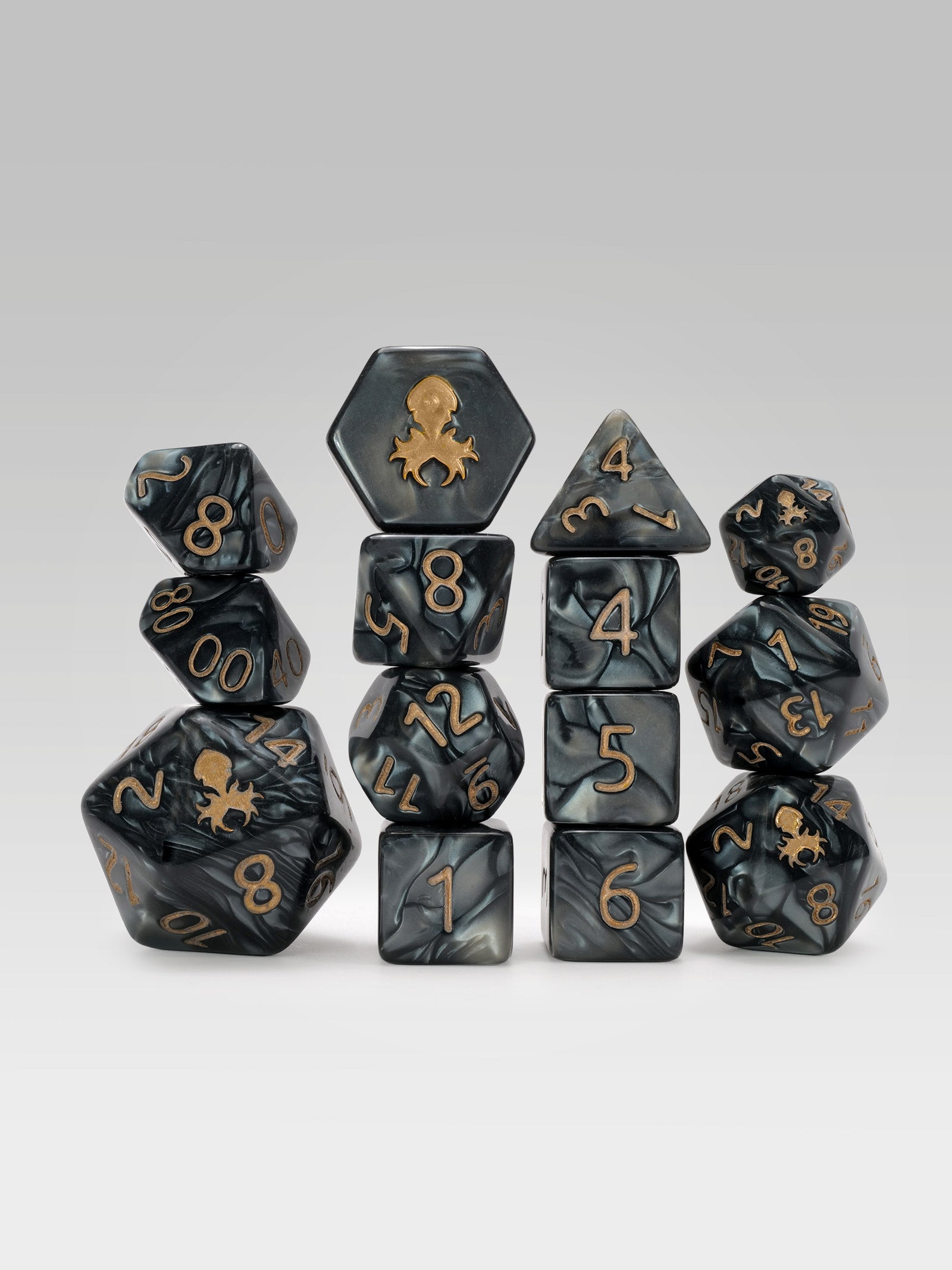Kraken's Signature Black 14pc Dice Set inked in Gold